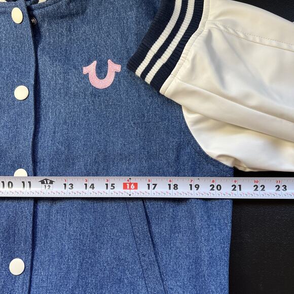 True Religion Guitar Buddha Varsity Jacket Women Large Denim White Retro Y2K NEW - Picture 10 of 12